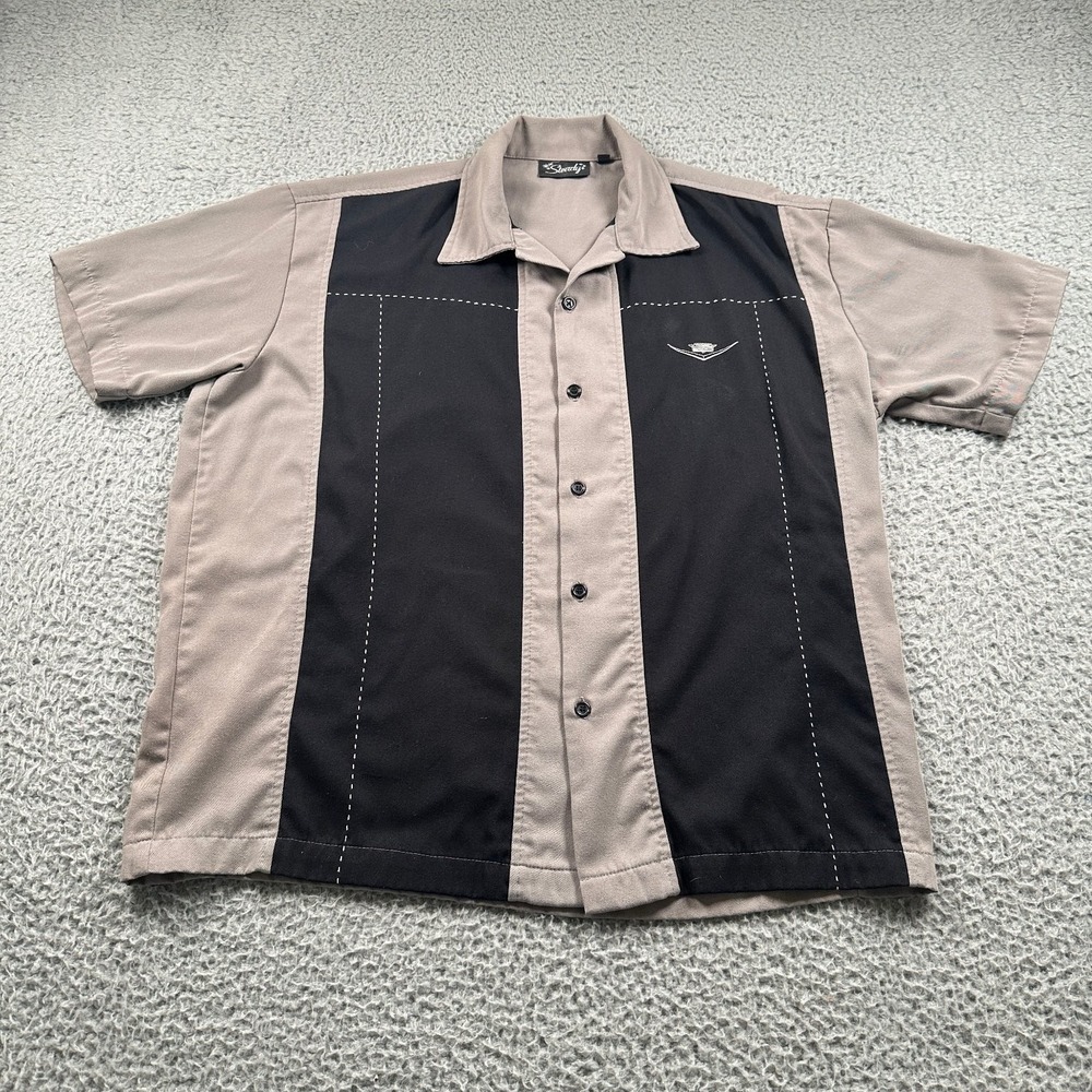 Steady Men's Casual Bowling Button-Down Shirt Large Grey Black Rayon‎ Blend